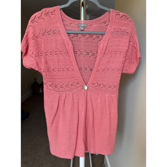 J.Jill Sweaters - J.Jill Cardigan Petite Coral Pink Pointelle Linen Blend Sweater Size S